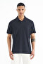 Navy Blue Polo Neck Logo Embroidered Standard Form Men's T-shirt - 88237