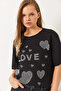 Women's Black Crew Neck Beaded and Stone Heart Printed T-Shirt 60261389 - 3