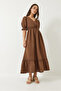 Women's Brown Double Breasted Collar Long Dress with Elastic Sleeves and Waist 3018 60283012 - 4