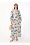 Patterned Gathered Collar Modest Dress - Blue - Refka - 7
