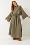 Women's Khaki Bat Sleeve Cropped Elastic Waist Slit Detail Skirted Muslin Suit 9280 60281002 - 4