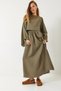 Women's Khaki Bat Sleeve Cropped Elastic Waist Slit Detail Skirted Muslin Suit 9280 60281002 - 3