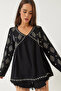 Women's Black V-Neck Embroidered Cotton Blouse 60283014