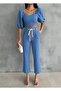 Linen Crop Watermelon Collar Blazer-Pants with Straw Belt - Blue - 3