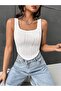 Striped Square Neck Sleeveless Stretch Fabric Summer White Cropped, Square Neck Stretchy White Summer Short Blouse Top - 8