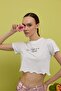 Women's Ecru Floral Printed Short Sleeve T-Shirt with Ruffled Hem - 2