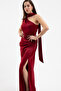 Women's Burgundy Scarf Collar Slit Long Satin Evening Dress - 3