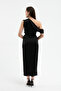 Women's Black Slim Fit Degaje Collar Slit Satin Midi Dress - 5