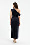 Women's Navy Blue Slim Fit Degaje Collar Slit Satin Midi Dress - 5
