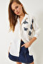 Women's White Butterfly Bead Stone Embroidered Aerobin Oversize Shirt 60283030