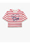 Cotton Embroidery Detailed Short Sleeve Crew Neck Striped T-Shirt - 3