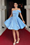 Satin Fabric Strapless Neck Mini Dress - Baby Blue - 2