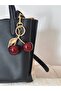 Gold Color Dark Red Acrylic Cherry Design Keychain and Bag Accessory Width 7 Cm. Uzn. 12 cm