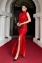 Sequin Sequin Fabric Evening Dress with Shirring Detail - Red - 2