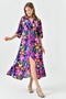 Floral Batwing Sleeve Elastic Waist Front Slit Midi Length Double Breasted Collar Floral Summer Dress 3154 - 3