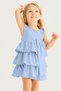 Crew Neck Short Sleeve Ribbon Detailed Skirted Ruffled Zero Sleeve Baby Blue Color Girl's Dress