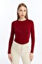 Women's Burgundy Round Neck Long Sleeve Blouse
