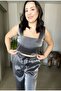 Bright Fabric Tirl Satin Textured Tie Waist Crop Blouse Pants Suit in Grey and Leopard Colors - 6