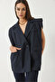 Women's Navy Blue Pocket Detailed Belted Padded Oversize Lined Blazer Vest 11143 60281003 - 8