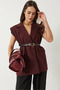 Women's Burgundy Pocket Detailed Belted Padded Oversize Lined Blazer Vest 11143 60281003 - 2
