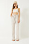 Women's Ecru Beige Striped Basic Trousers with Elastic Waist and Pockets 60284003 - 6