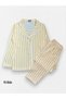 Girl's 100% Cotton Shirt Collar Buttoned Yellow Striped Ribbed Seasonal Pajama Set - 2