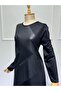 Women's Black Crystal Combed Fabric Leather and Stone Detailed Dress - 3