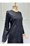 Women's Black Crystal Combed Fabric Leather and Stone Detailed Dress - 4