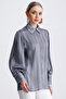 Women's Striped Drawstring Detailed Balloon Sleeve Oversize Satin Shirt - 5