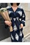 Women's Navy Blue Slit Detailed Bat Sleeve Double Breasted Collar Long Summer Dress - 4