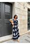 Women's Navy Blue Slit Detailed Bat Sleeve Double Breasted Collar Long Summer Dress - 2