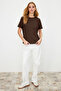 Kahverengi %100 Pamuk Basic Bisiklet Yaka Örme T-Shirt TWOSS23TS00000 - 5