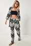 Women's Black and White Patterned Crinkle Summer Kimono Pants Set Zv00271 - 4