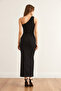 Women's Black One Shoulder Accessory Detailed Ribbed Midi Dress Elb- 19002351 - 7