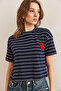 Women's Navy Blue Heart Detailed Striped Crop T-Shirt Tsh- 19000856 - 2