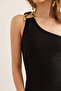 Women's Black One Shoulder Accessory Detailed Ribbed Midi Dress Elb- 19002351 - 3