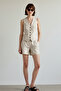 Beige Linen Look Striped Back Waist Elastic Knee Length Woven Shorts & Bermuda Twoss25Sr00022 - 2