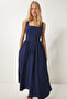 Women's Navy Blue Wrinkle Effect Flared Woven Dress Ub00339 - 3
