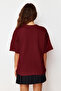 Bordo %100 Kalın Pamuklu Oversize/Geniş Kalıp Bisiklet Yaka Örme T-Shirt TWOSS23TS00040 - 6