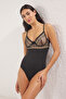 Siyah Tül Çiçekli Brodeli Kapsız Örme Body THMSS25BD00007 - 2