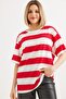 Crew Neck Striped Basic Tshirt Red
