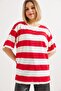 Crew Neck Striped Basic Tshirt Red - 4