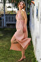 Powder V-Neck Strap Slit Washable and Dirty-Stitched Casual Muslin Long Woven Dress 135 60