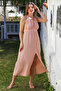 Powder V-Neck Strap Slit Washable and Dirty-Stitched Casual Muslin Long Woven Dress 135 60 - 6
