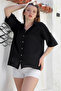 Black Shirt Collar Short Sleeve Buttoned Washable Slit Casual Woven Shirt 66 60 - 4