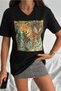 Women's Black V-Neck Large Size Tiger Sequin Sequin Embroidered 100% Cotton T-Shirt