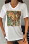 Women's White V-Neck Large Size Tiger Sequin Sequin Embroidered 100% Cotton T-Shirt - 3
