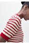 Striped Short-Sleeved Crochet Sweater - 5