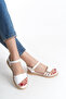 Skin Striped Gold Buckle Comfortable Low Flat Sole Summer Women's White Sandals Slippers - 2