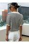 Women's Polo Neck Striped Short Sleeve Knitwear Blouse - 5